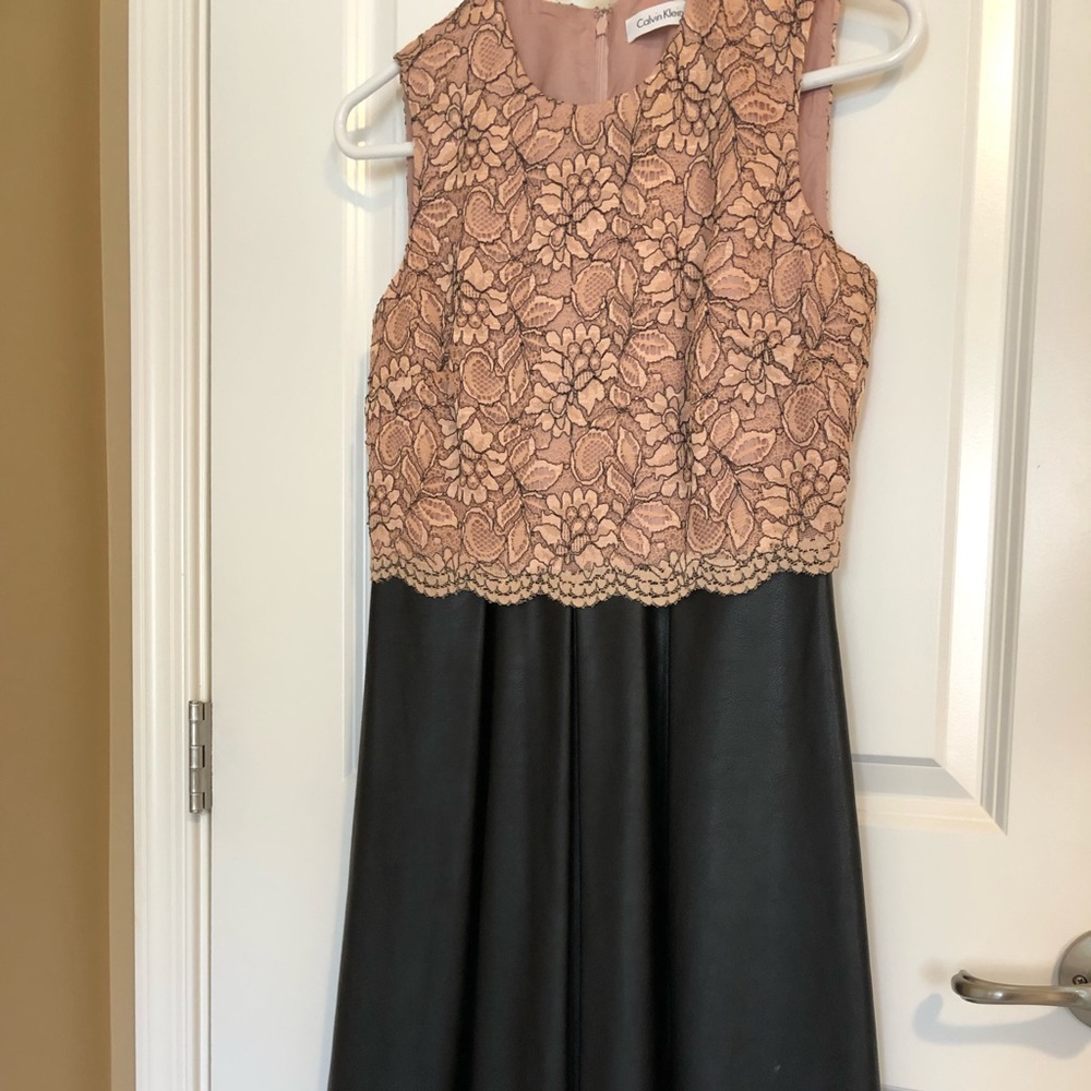 Calvin Klein Pink Lace and Leather Dress, Size 2